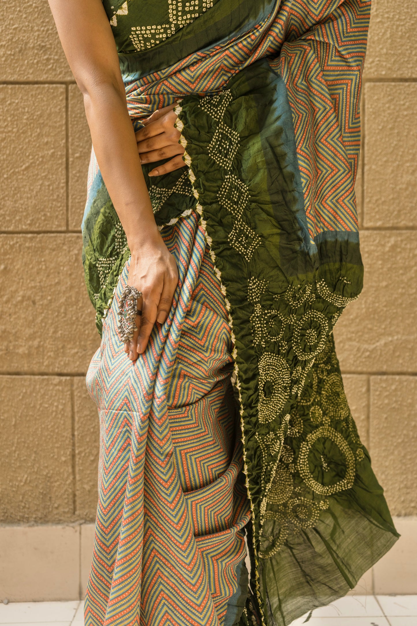 Chiniya Zig-Zag Blue-Mehendi Green Bandhej Saree