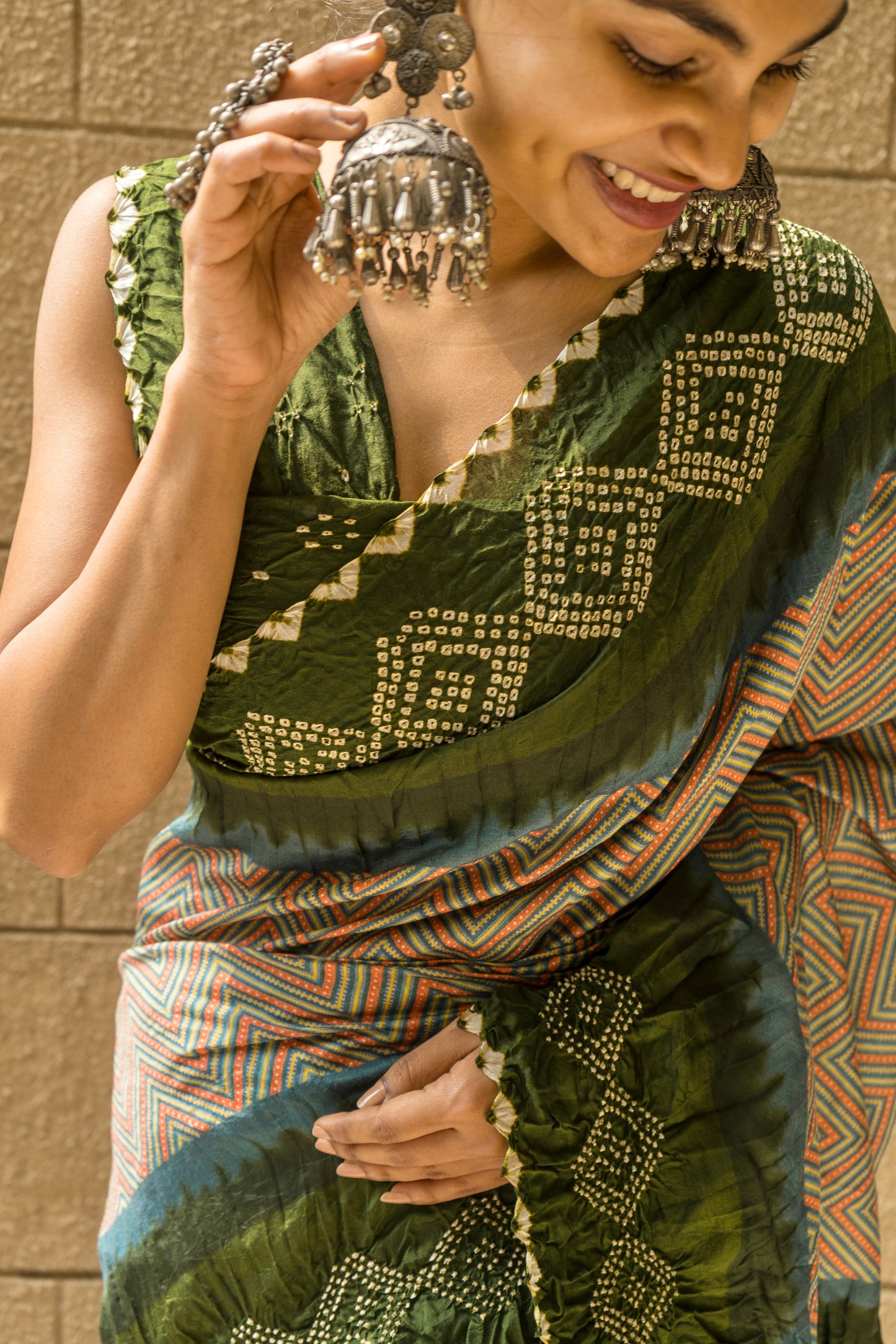 Chiniya Zig-Zag Blue-Mehendi Green Bandhej Saree