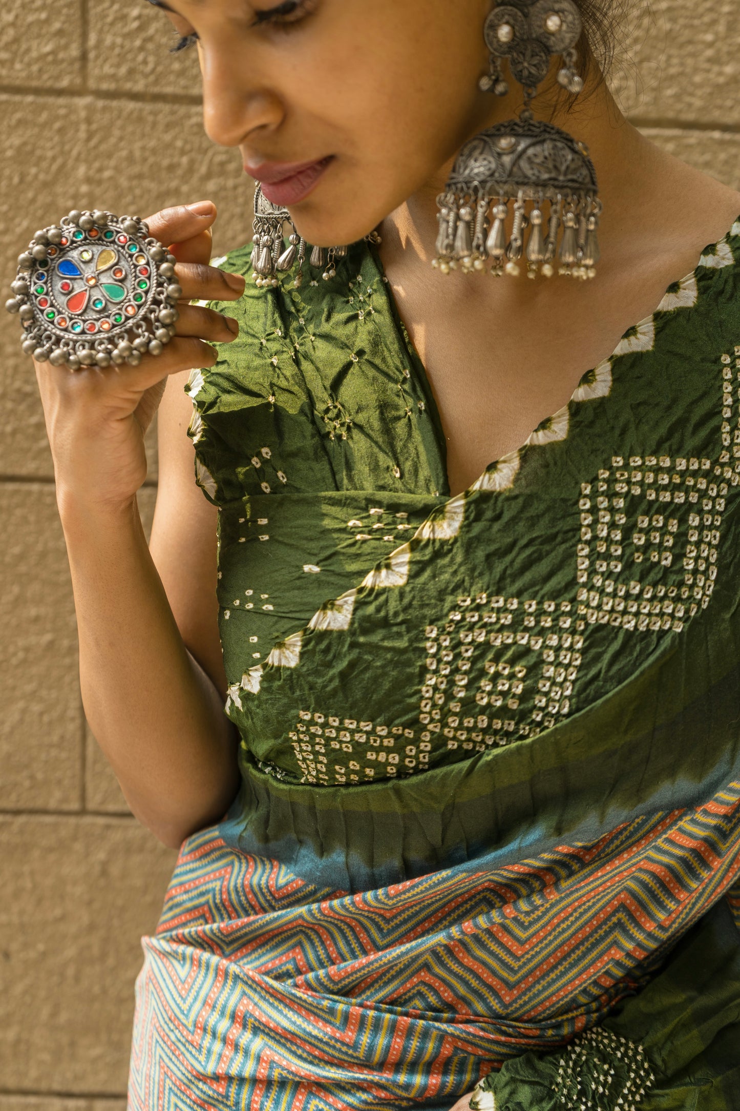 Chiniya Zig-Zag Blue-Mehendi Green Bandhej Saree
