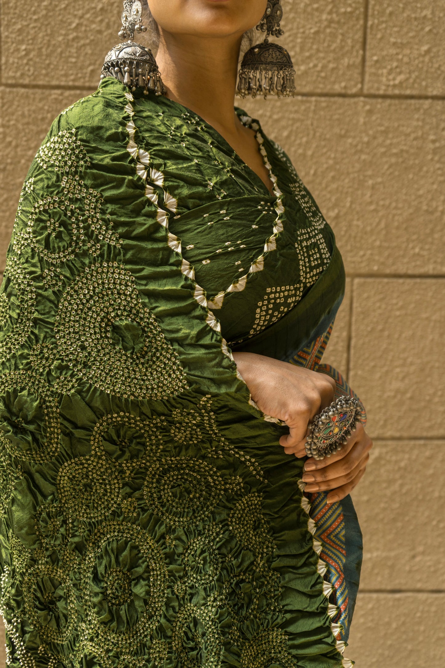 Chiniya Zig-Zag Blue-Mehendi Green Bandhej Saree