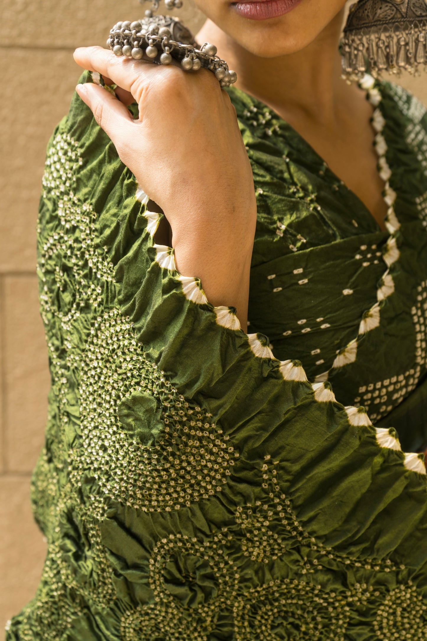 Chiniya Zig-Zag Blue-Mehendi Green Bandhej Saree