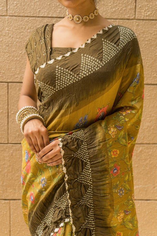 Chiniya Pichwai (Mehendi Green) Bandhej Saree