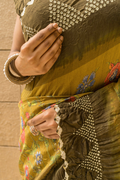 Chiniya Pichwai (Mehendi Green) Bandhej Saree