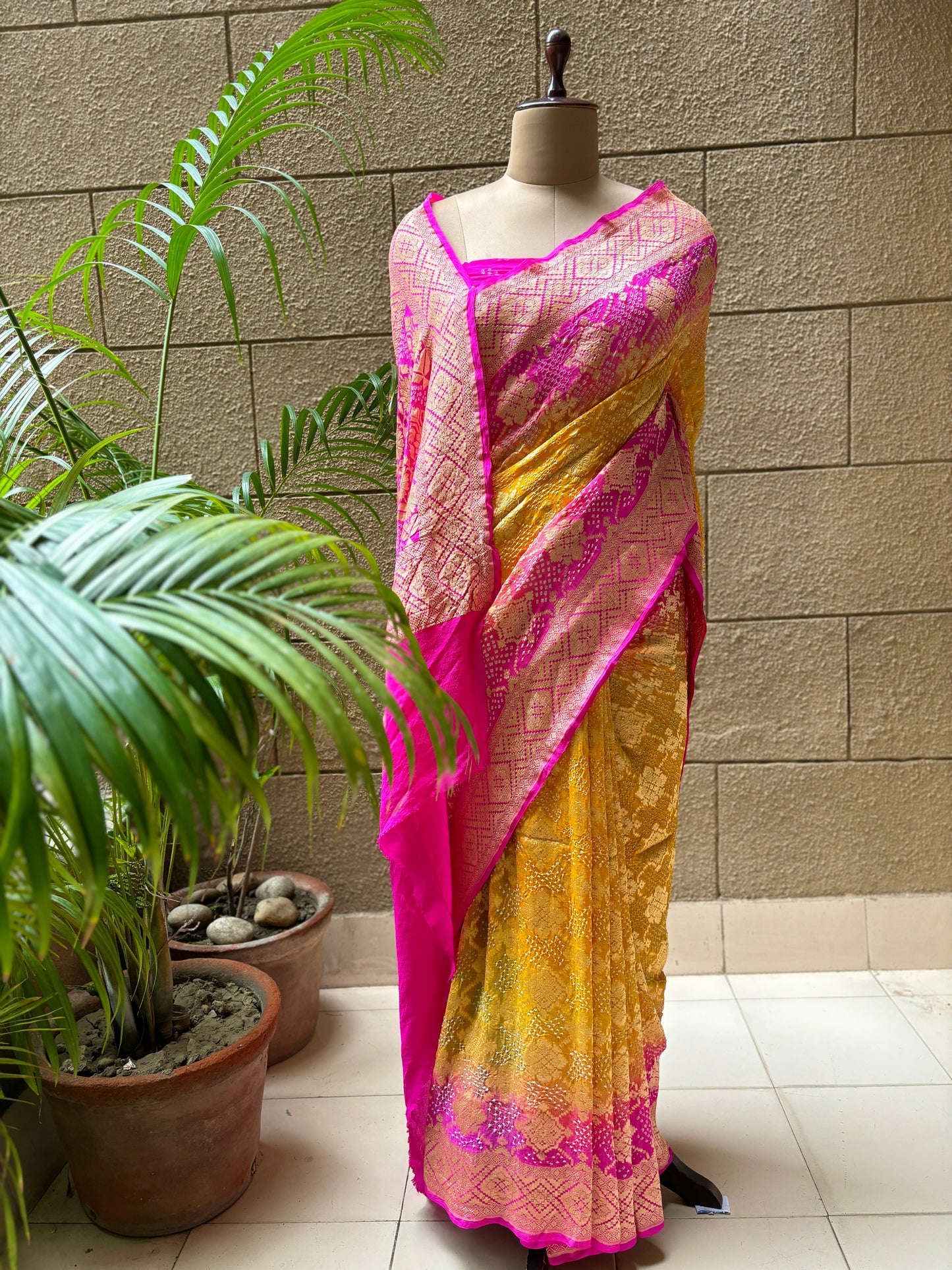 Yellow Rani Bandhej Neemzari Saree