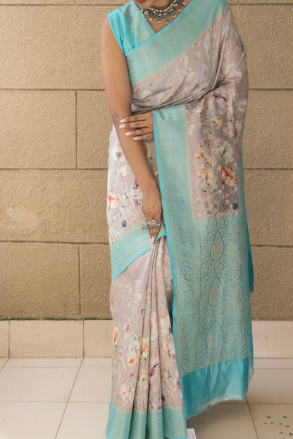 Chiniya Blue-Grey Floral Golden Booti Saree