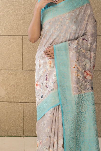 Chiniya Blue-Grey Floral Golden Booti Saree
