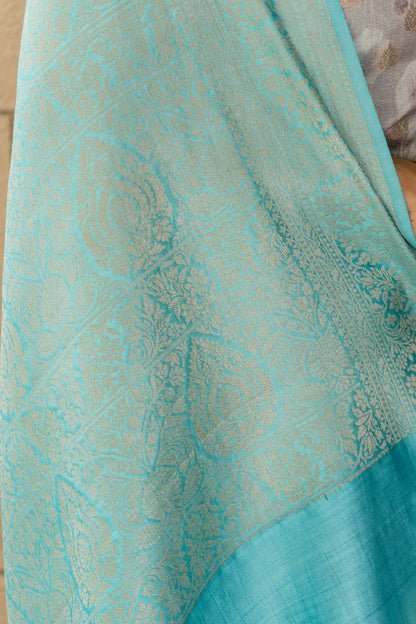 Chiniya Blue-Grey Floral Golden Booti Saree