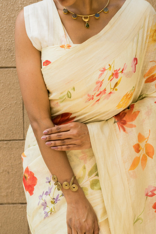 Linen Lemon Yellow Multi Color Floral Saree