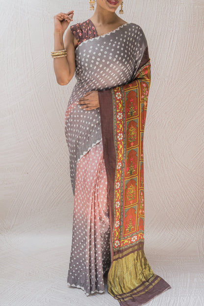 Gajji Bandhej Digital Print Pink Grey Saree