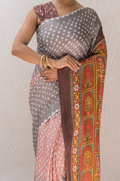 Gajji Bandhej Digital Print Pink Grey Saree