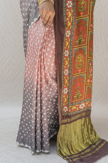 Gajji Bandhej Digital Print Pink Grey Saree
