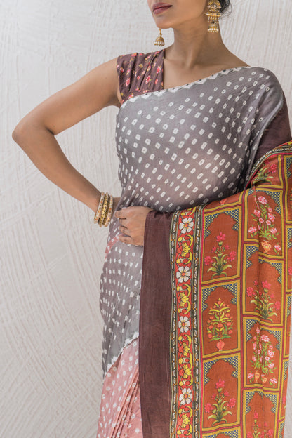Gajji Bandhej Digital Print Pink Grey Saree