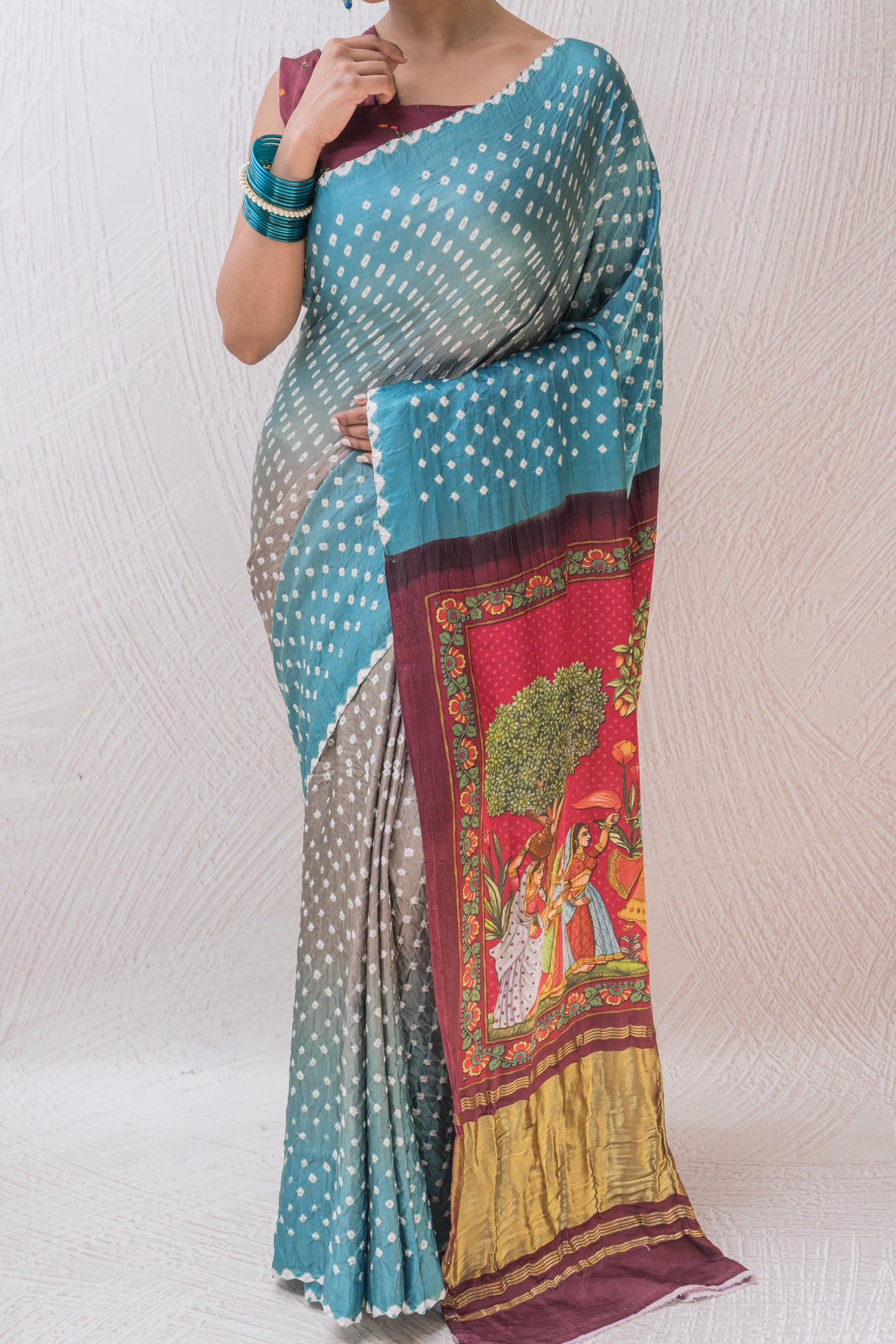 Gajji Bandhej Digital Print Blue Grey Saree
