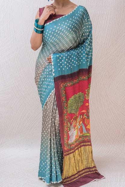 Gajji Bandhej Digital Print Blue Grey Saree