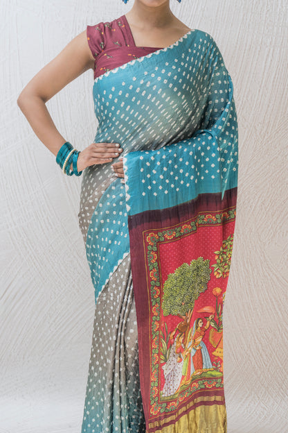 Gajji Bandhej Digital Print Blue Grey Saree
