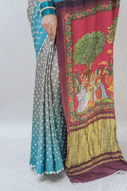 Gajji Bandhej Digital Print Blue Grey Saree