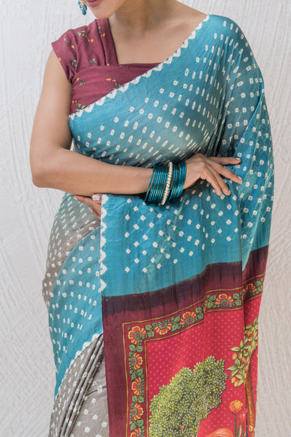 Gajji Bandhej Digital Print Blue Grey Saree