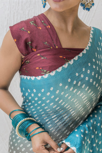 Gajji Bandhej Digital Print Blue Grey Saree