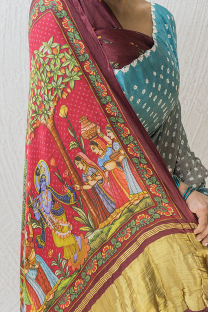Gajji Bandhej Digital Print Blue Grey Saree