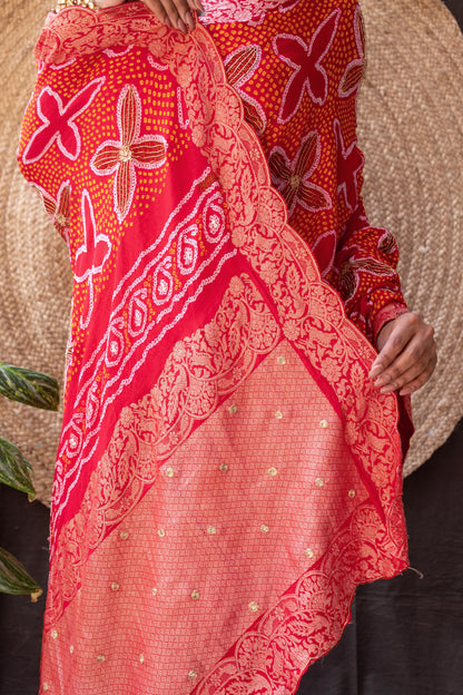 Embroidered Rai Dana Shikargah Red Bandhej Saree
