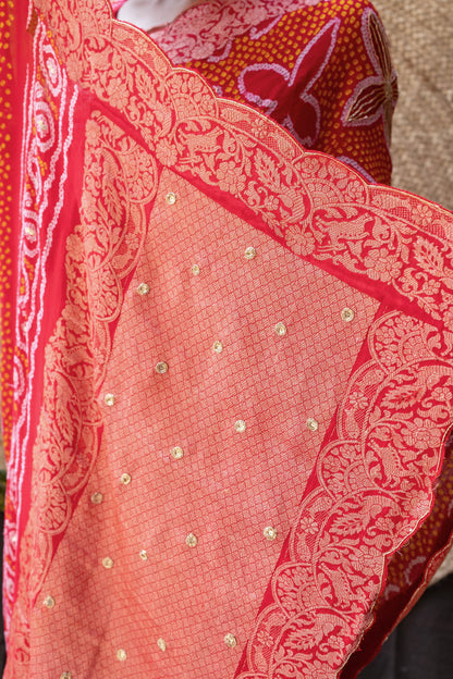 Embroidered Rai Dana Shikargah Red Bandhej Saree