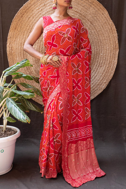 Embroidered Rai Dana Shikargah Red Bandhej Saree