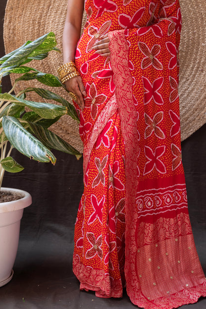 Embroidered Rai Dana Shikargah Red Bandhej Saree