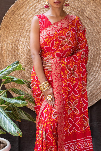 Embroidered Rai Dana Shikargah Red Bandhej Saree