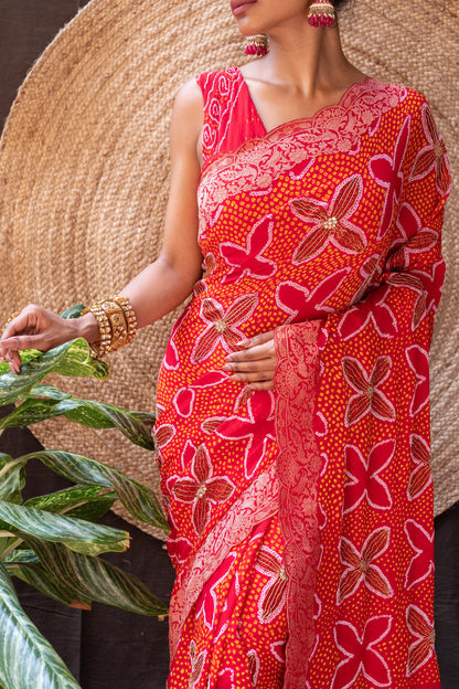 Embroidered Rai Dana Shikargah Red Bandhej Saree