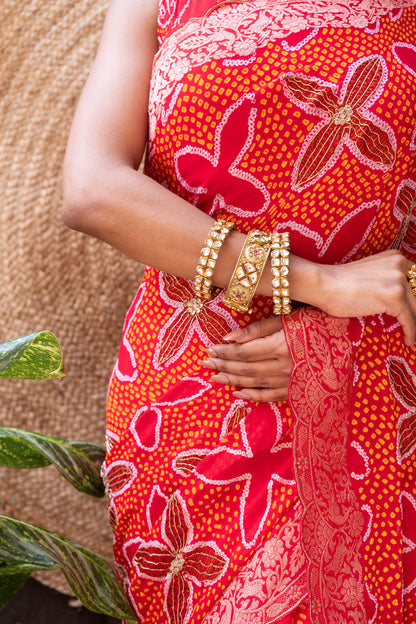 Embroidered Rai Dana Shikargah Red Bandhej Saree