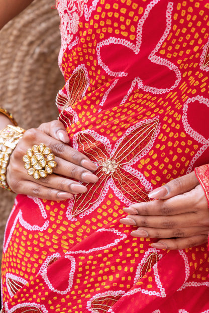 Embroidered Rai Dana Shikargah Red Bandhej Saree