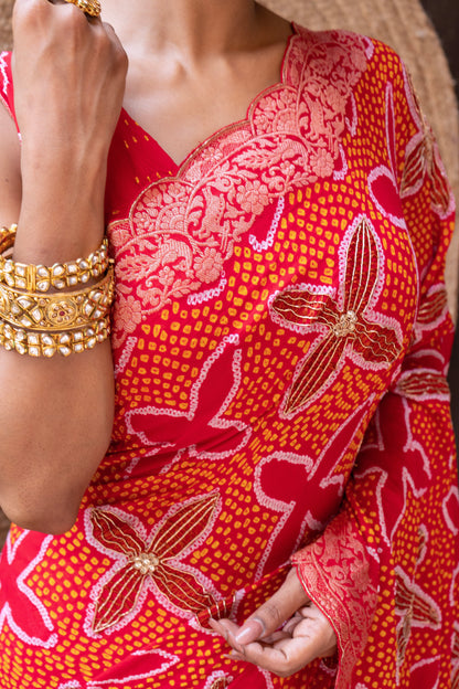Embroidered Rai Dana Shikargah Red Bandhej Saree