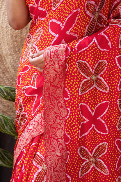 Embroidered Rai Dana Shikargah Red Bandhej Saree