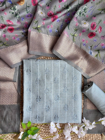 Handloom Thread Digital Print Grey Set