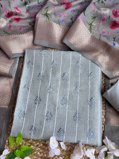 Handloom Thread Digital Print Grey Set