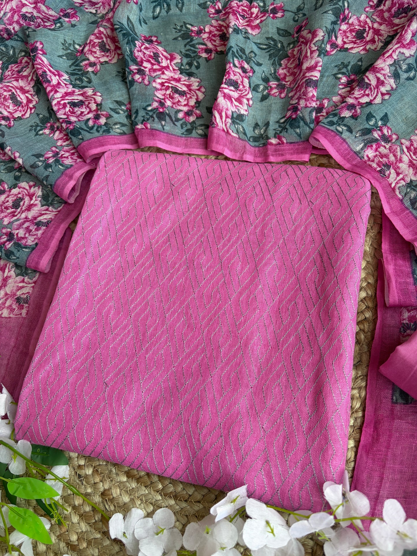 Linen Rani-Grey Embroidered Printed Set