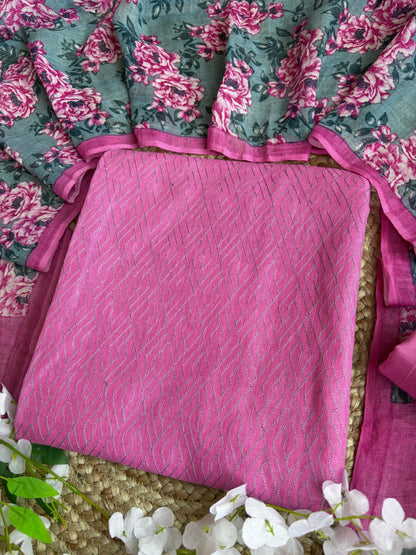 Linen Rani-Grey Embroidered Printed Set