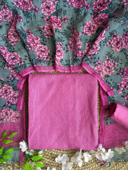 Linen Rani-Grey Embroidered Printed Set