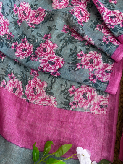 Linen Rani-Grey Embroidered Printed Set