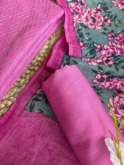Linen Rani-Grey Embroidered Printed Set