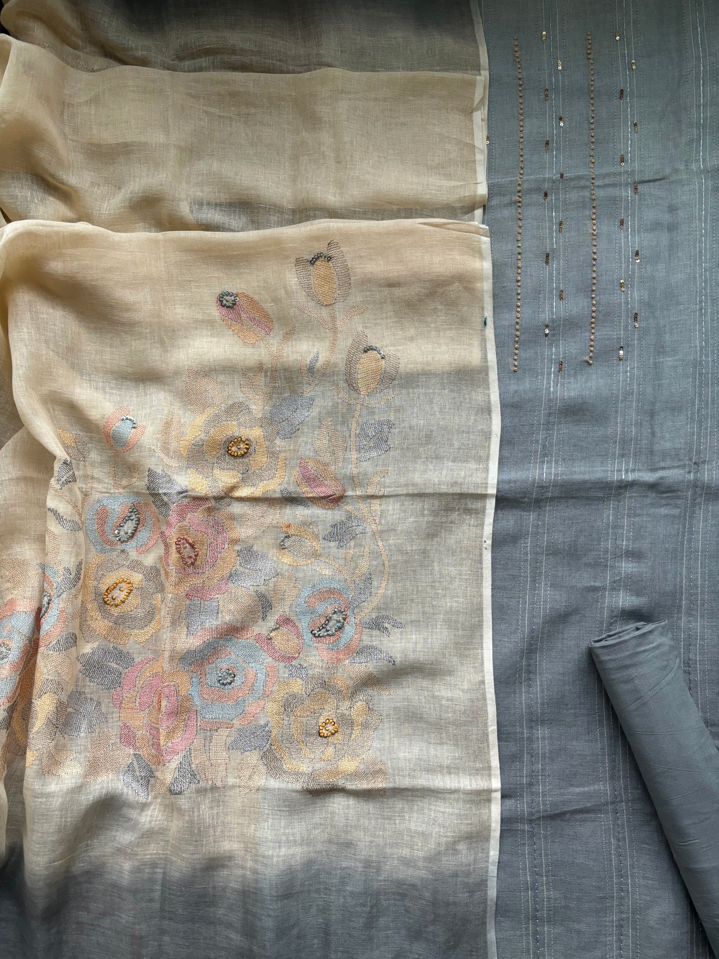 Shaded Grey Embroidered Linen Set