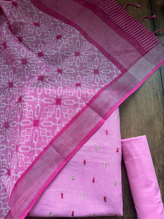 Pink Embroidered Printed Linen Set