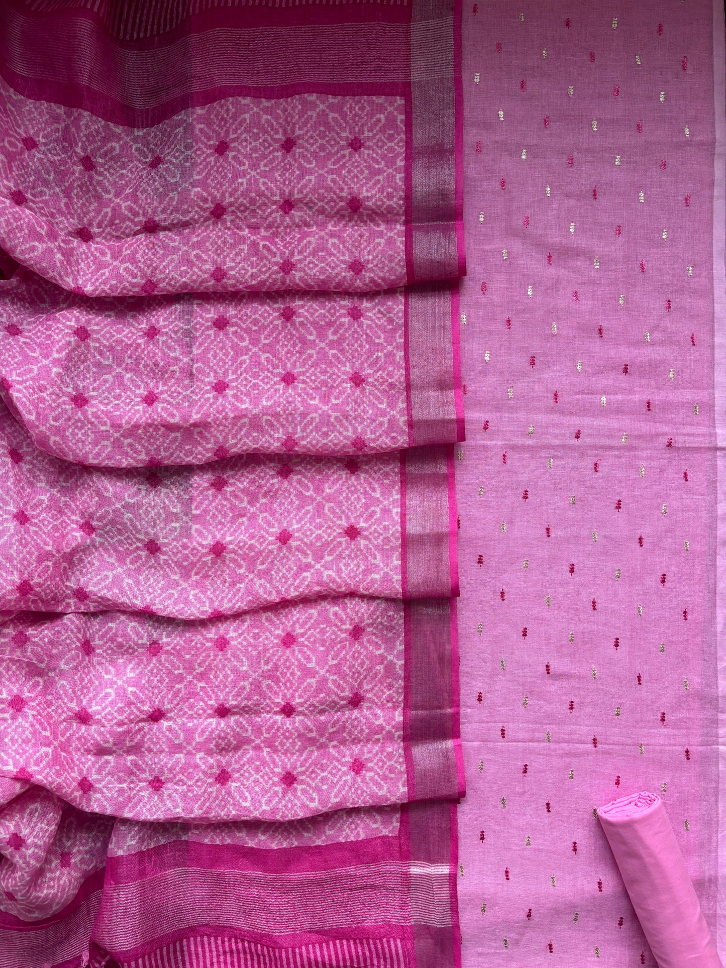 Pink Embroidered Printed Linen Set