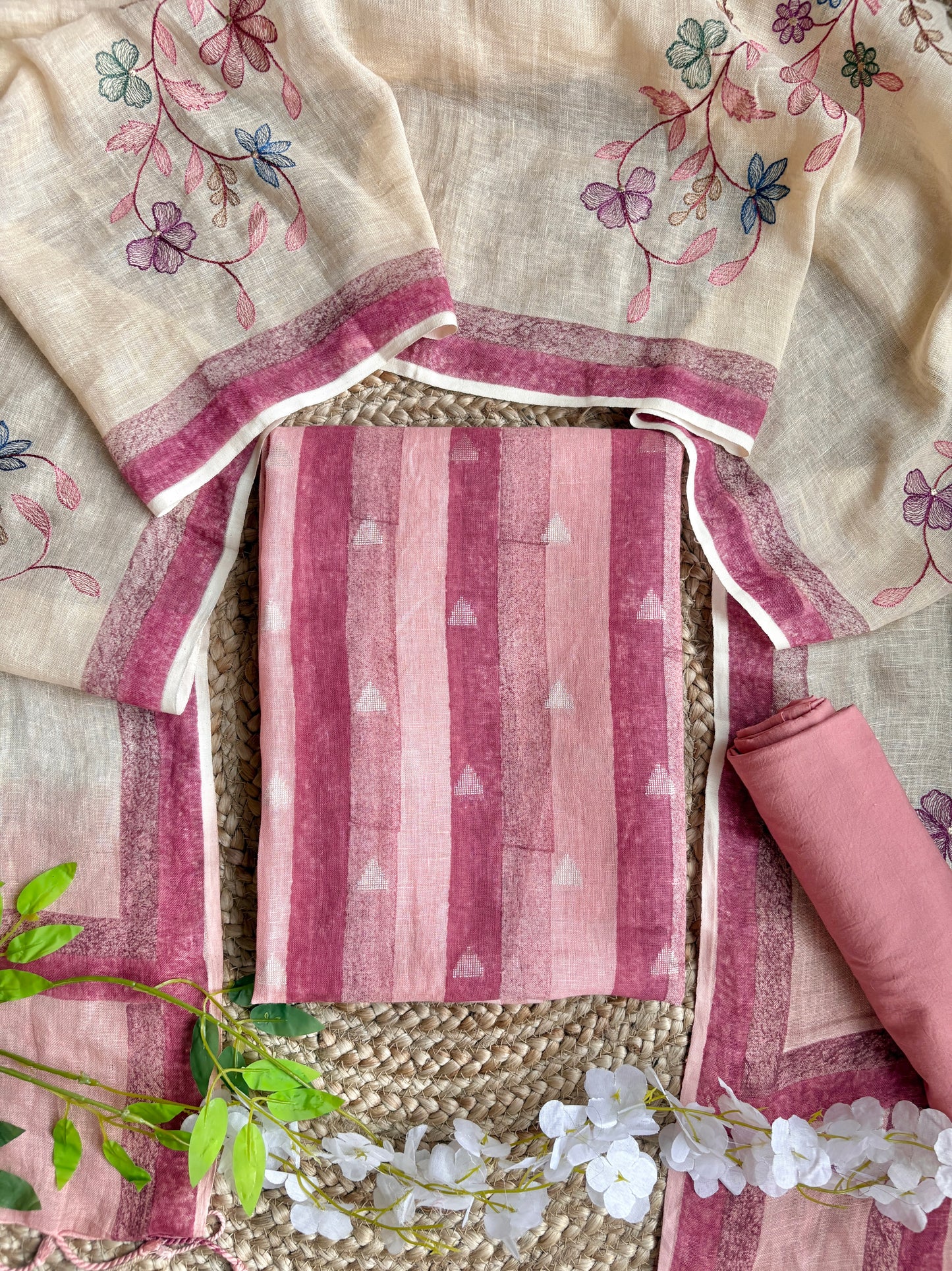 Printed Embroidered Linen Suit Set