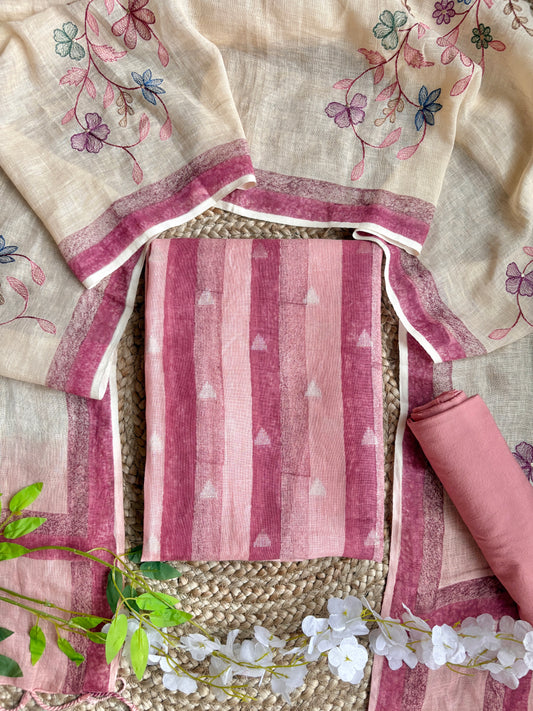 Printed Embroidered Linen Suit Set