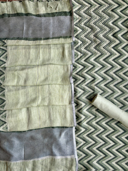 Zig-Zag Green Embroidered Linen Set