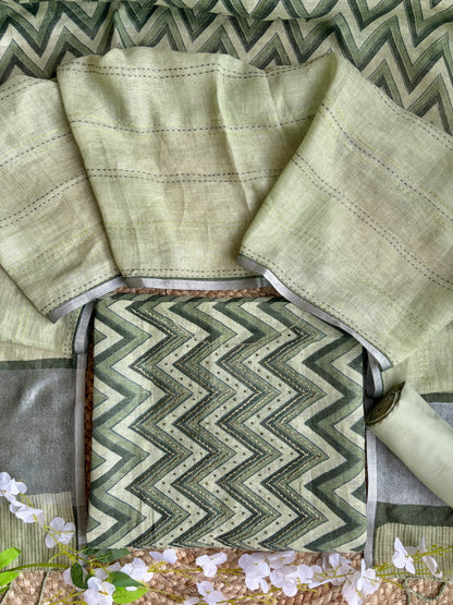 Zig-Zag Green Embroidered Linen Set