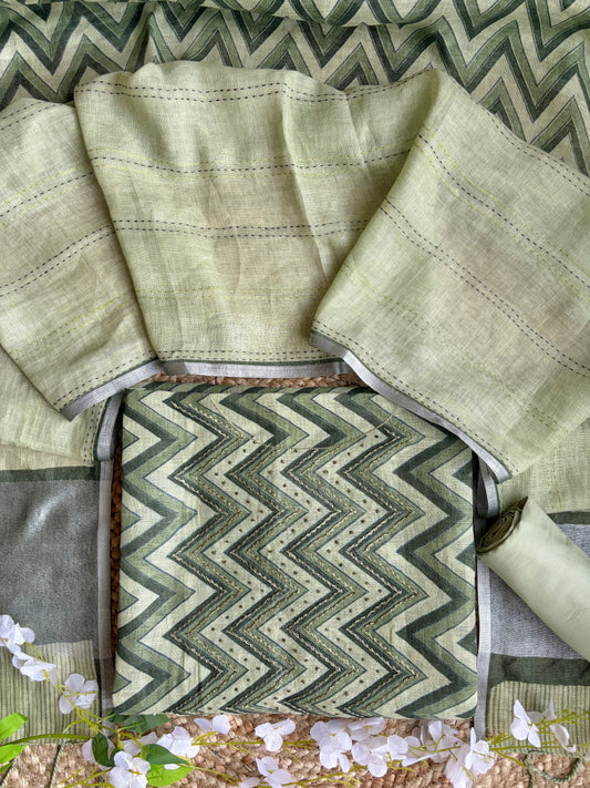 Zig-Zag Green Embroidered Linen Set