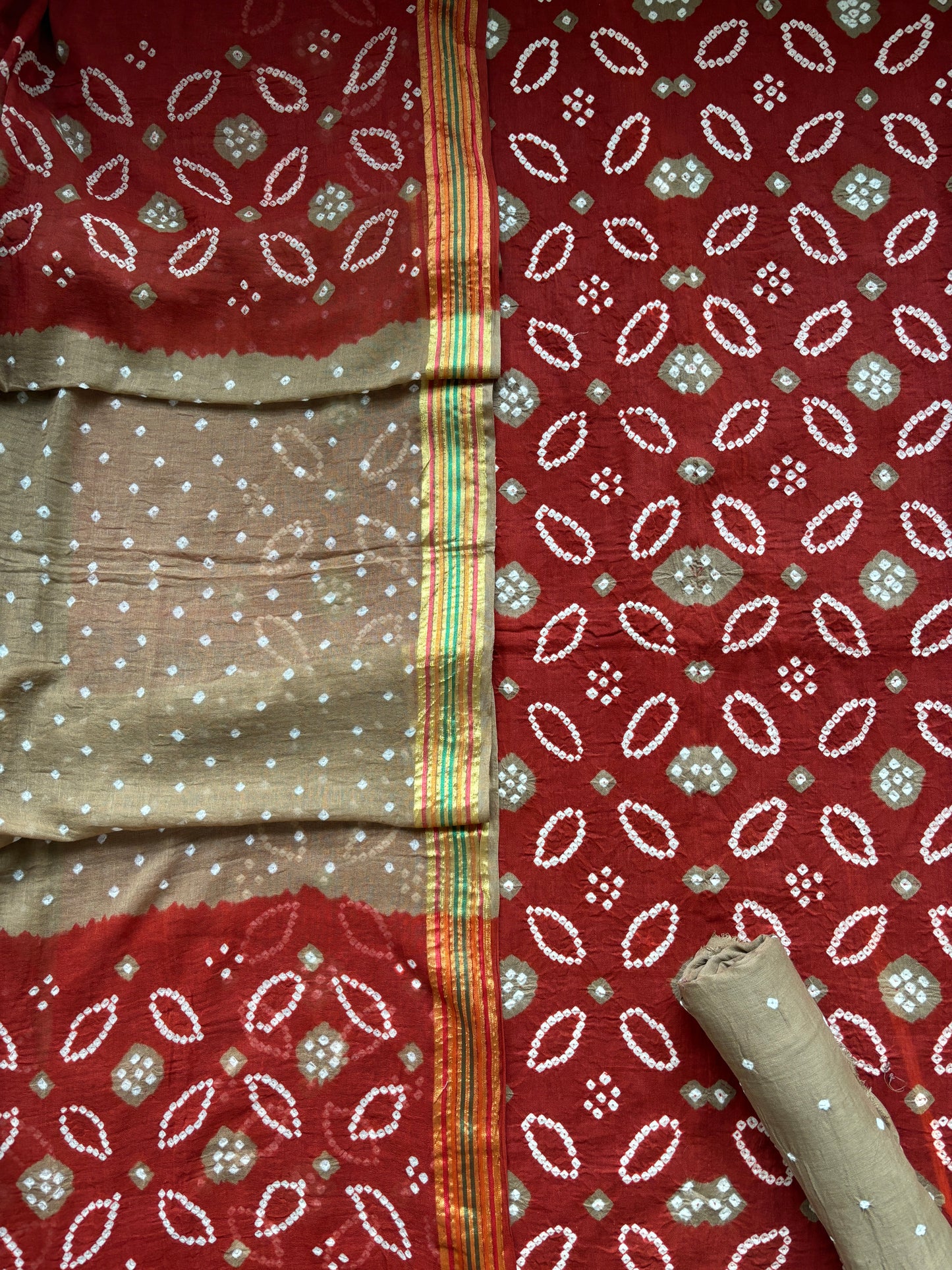Cotton Rai Bandhej Red-Rust Set