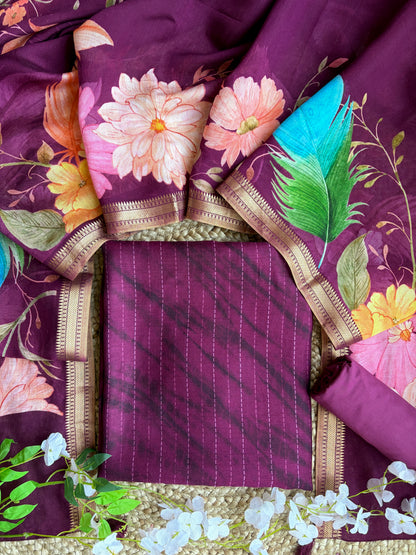 Staple Silk Purple Floral Stripes Printed Set